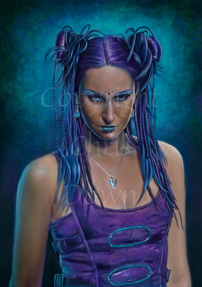 A young, dark-skinned woman with long, partially-braided purple hair held in two buns looks towards the viewer. She wears a sleeveless, fitted purple top, blue lipstick, and a ring through her bottom lip.