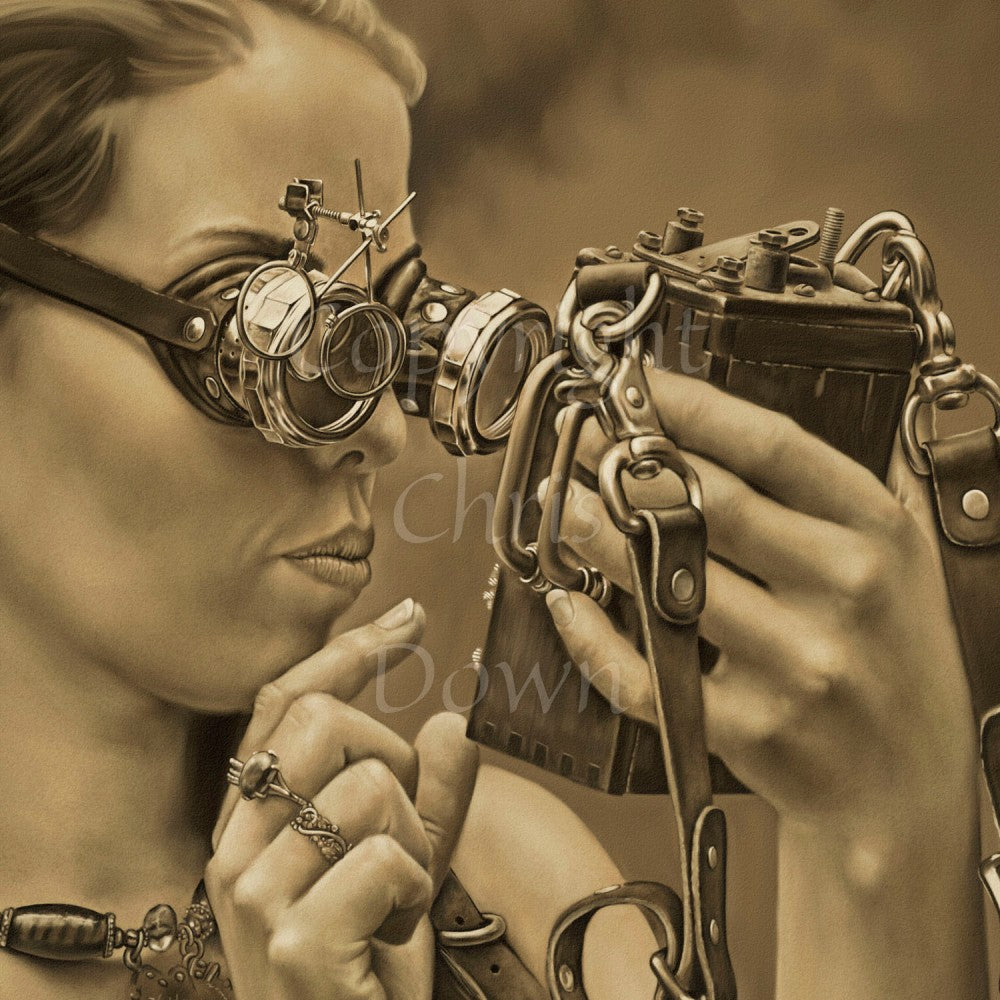 A painting in sepia tones of a young woman wearing brass and leather goggles with two small movable magnifiers in front of one eye-piece. She holds a rectangular box with a strap closely at eye-height, her free hand raised with one finger pointing toward the front of the box as though about to press a button.