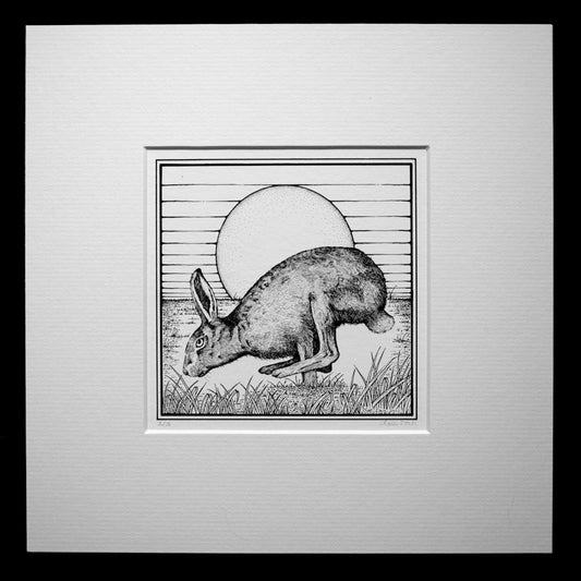 Black and white drawing of a hare running across a field