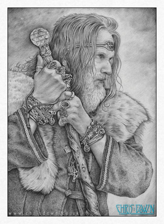 Black and white drawing. A man with long grey hair and a beard leans on his staff, looking intently to the right. He is wearing a coat with a fur mantle, and many bracelets and rings. A pentagram can be glimpsed from behind his staff. The top of the wooden staff has a large jewel at the top.