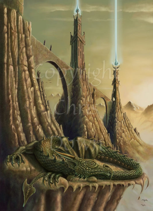 A green-brown dragon sleeps, curled up on an outcrop of rock, his head resting on his tail. Behind him, a row of three tall columns of rock rise, each topped with a tower, each of which emit a blue shaft of light upwards. Arched bridges link the three columns, and figures can be seen walking on one of them. Mountains can be seen in the background. Colours are mostly brown and gold.