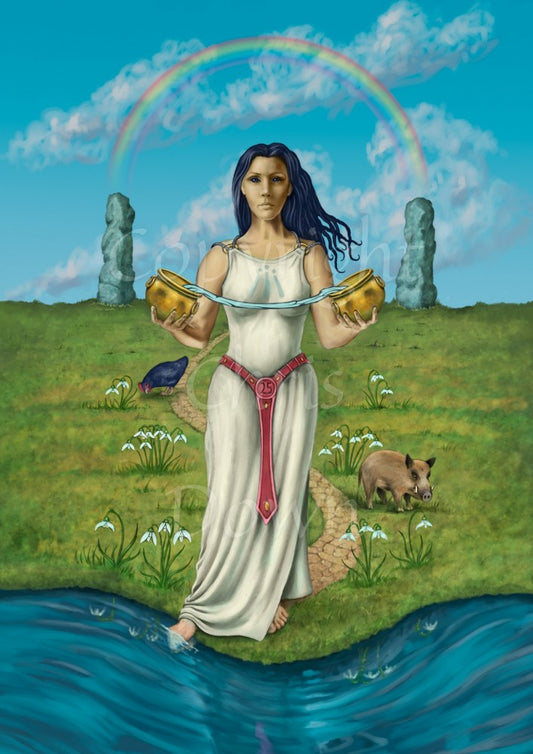 A woman in a white dress with a red belt stands in a grassy field next to a river, one foot in the water. In her hands, held in front and slightly to the side, are two gold pots. Water flows from one pot to the other. In the background are two standing stones, one each side of her. A rainbow goes from one stone to the other. Behind her, a small path winds towards the stones. To the left is a cockerel, to the right, a wild pig/warthog. Snowdrops are scattered in the grass. The sky is blue with a few clouds.