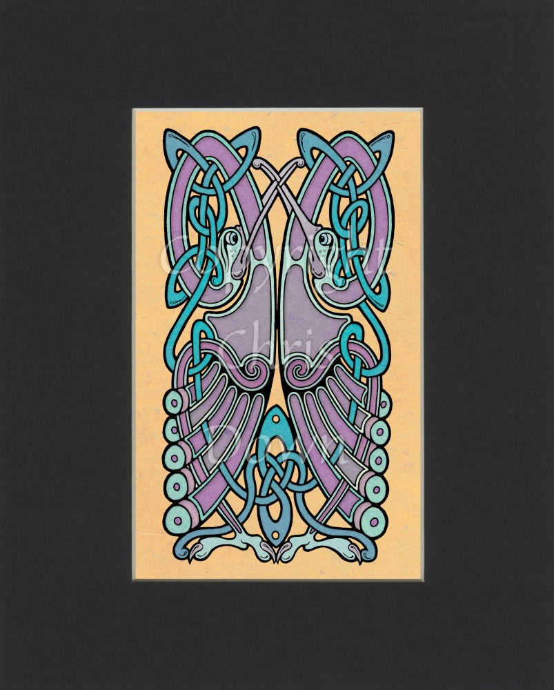 A complex Celtic design comprising two intertwined Celtic-style birds, heads facing upwards, wings and feet towards the bottom. Colours are blue, deep pinks and purple.