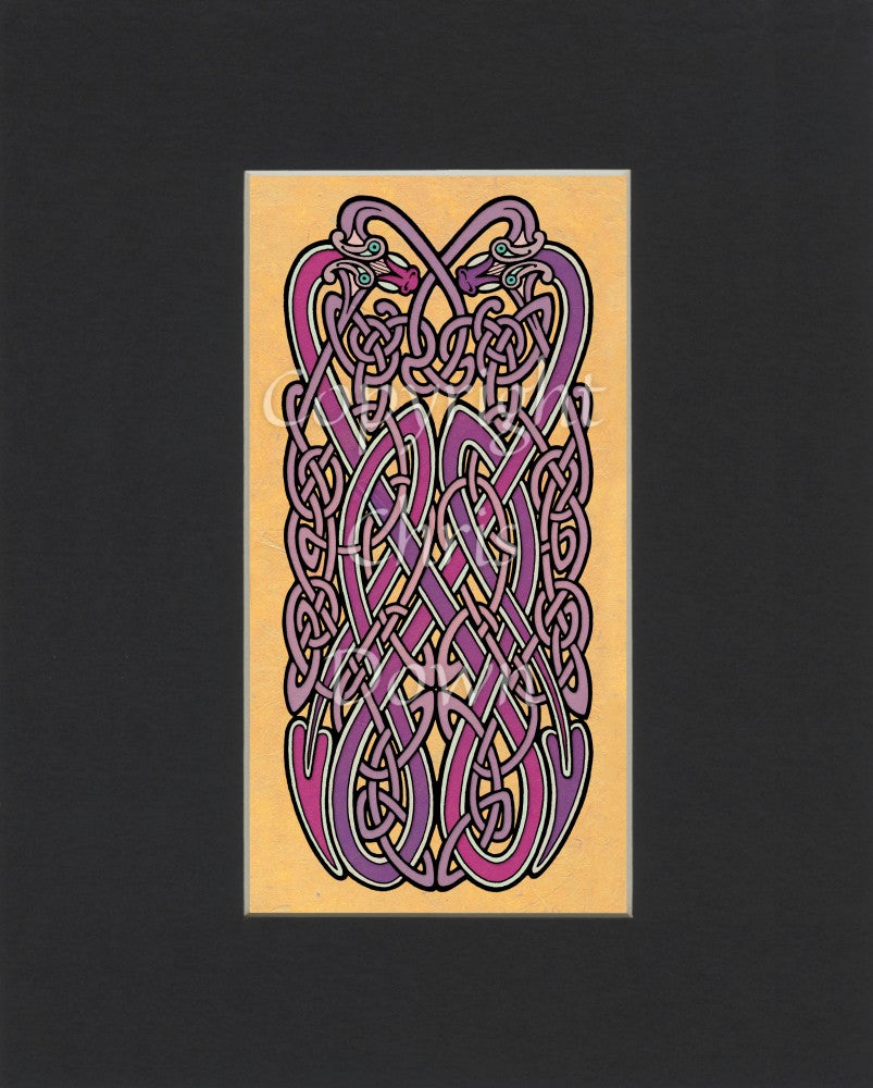 A complex Celtic design comprising two intertwined Celtic-style serpents, heads facing upwards. Colours are deep pinks and purples.