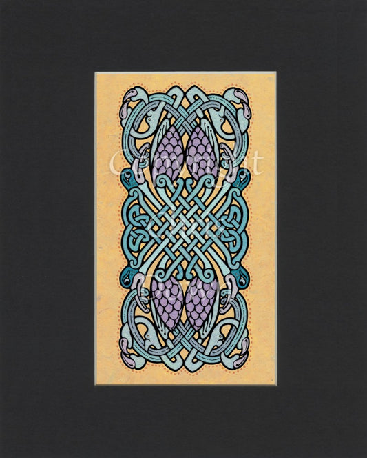 A complex Celtic design comprising four intertwined Celtic-style birds. Colours are greens, blues, pinks and purple.